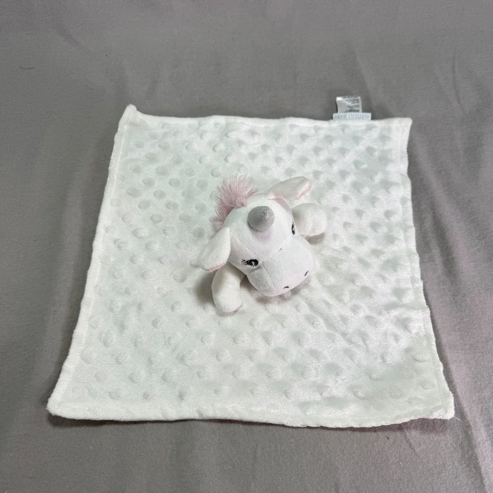 Elegant Baby Unicorn White Pink Minky Dot Security Blanket Lovey Satin Bottom